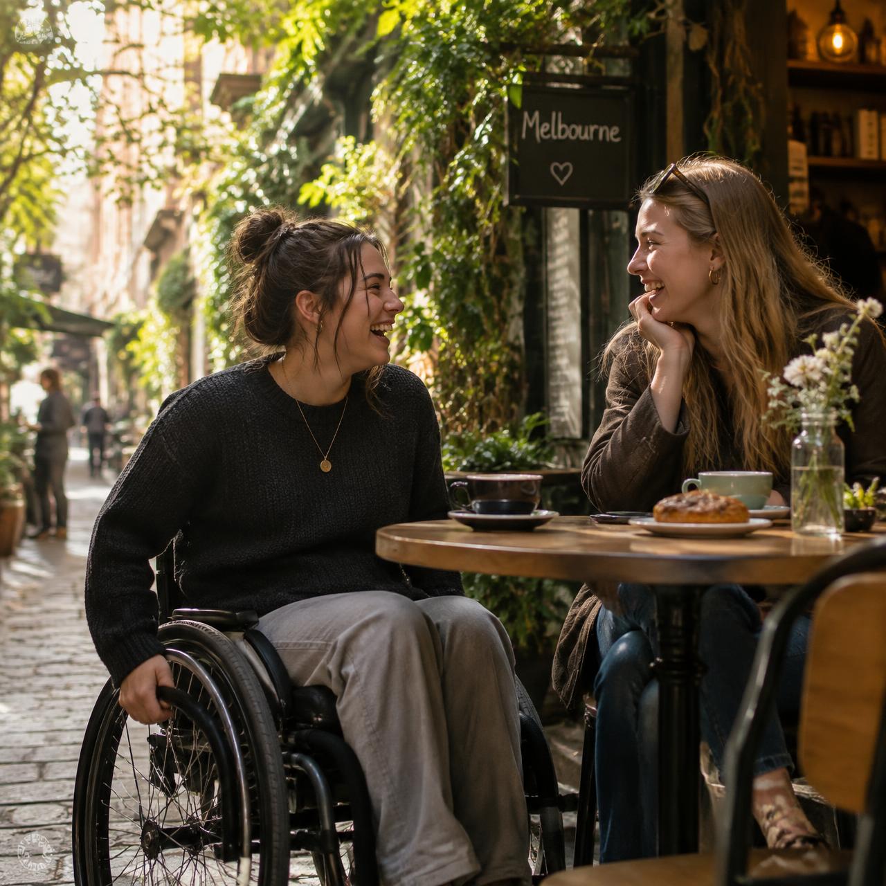 Two friends laughing together at an outdoor cafe in a Melbourne laneway